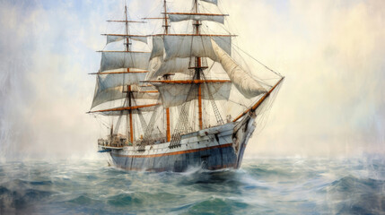 Barque ship painted  in the ocean by watercolor. Generative Ai