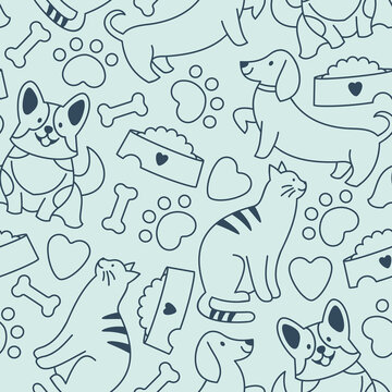 Pet minimalist seamless pattern. Dachshund with cat and corgi dog. 