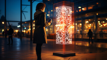 Illuminated QR code in urban dusk, allure of digital innovation beckoning the curious, generative AI