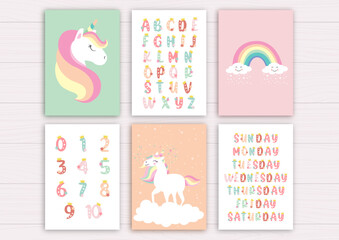 Alphabet, numbers and days of the week with unicorn
