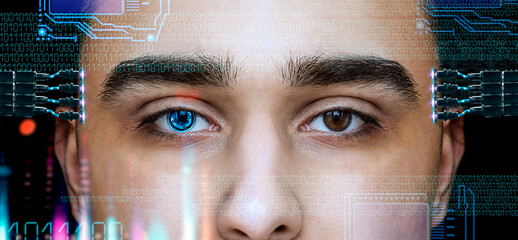 Artificial intelligence AI concept. Human head with cyber socket for neuro link connection....