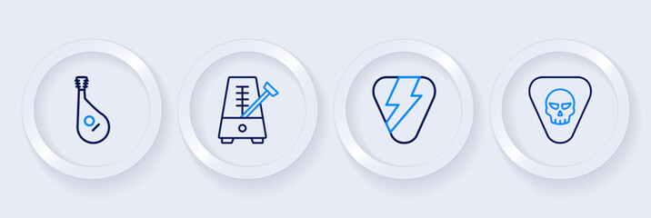 Set line Guitar pick, Metronome with pendulum and Bandura icon. Vector