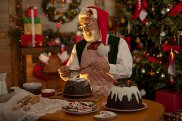 Grandpa cooking treat, gingerbread, pudding for Christmas Eve Party.