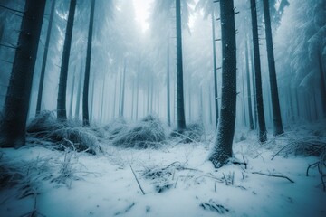 Snowy forest with trees immersed in a blue haze. It is a seasonal landscape. Generative AI