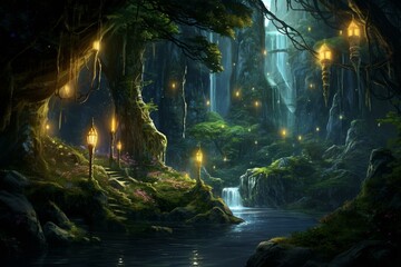 Magical elven ravine adorned with towering peaks, lush foliage, babbling brook, and mesmerizing lanterns and fireflies. Generative AI