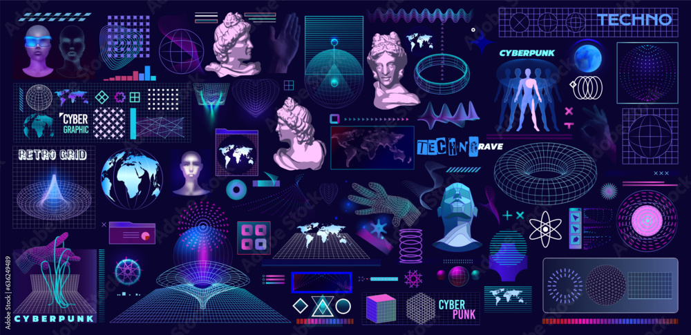 Aufkleber cyberpunk poster. abstract grid design. 3d retro line graphic. modern and techno rave. wireframe geo