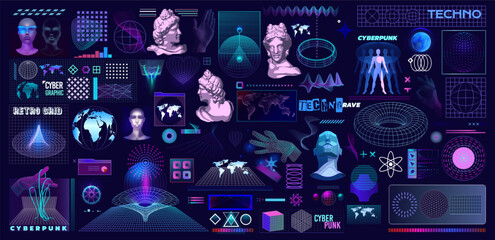 Cyberpunk poster. Abstract grid design. 3D retro line graphic. Modern and techno rave. Wireframe geometric shapes. Face sculptures. Cyber elements set. Vector grunge exact background