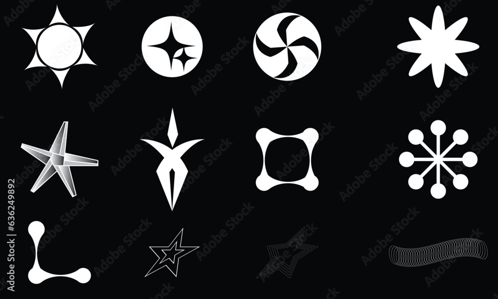 Poster set of y2k bling retro elements and abstract brutalism shapes. hipster graphic objects for logo, ico