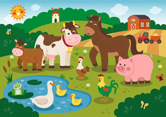 Farm animals. Pond duck. Flying butterfly and honeybee. Domestic cow or lamb. Chicken in meadow. Frog and pig. Field tractor. Pony on ranch. Countryside tidy landscape. Vector rural scene