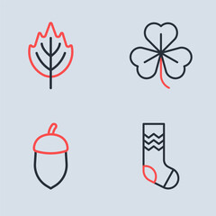 Set line Clover, Acorn, Socks and Leaf icon. Vector