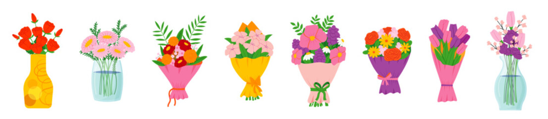 Bouquets set. Different beautiful bright flowers and leaves. Blooming plants with stems. March 8 and Valentine's Day gift. Colorful meadow plants. Vector cartoon flat isolated illustration