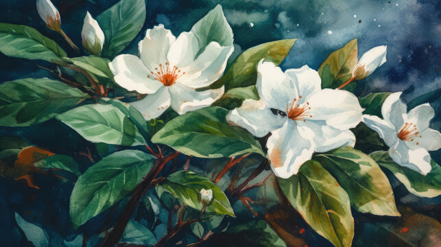 a watercolor painting of white flowers and leaves on a blue watercolor background with green leaves and a brown spot in the center of the petals.