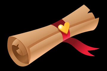 Magic scroll. Gold love heart with ribbon. Paper page. Witch parchment roll. Medieval document. Romantic letter. Witchcraft icon. Ragged papyrus sheet. Vector magical manuscript element
