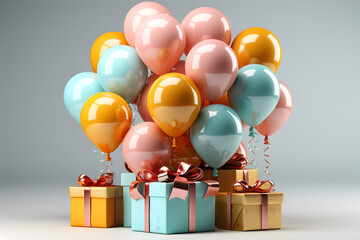 birthday party balloons, colourful balloons background and birthday cake with candles	