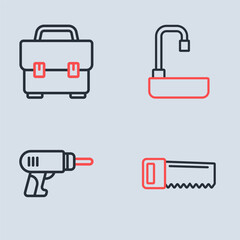 Set line Washbasin, Electric drill machine, Hand saw and Toolbox icon. Vector