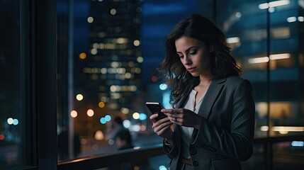 shot of a young businesswoman using her phone after a long day in the office (Generative AI)