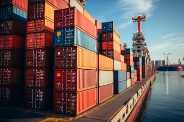 Fototapeta premium Harbor container display Stacked cargo containers aboard ship, port scenery in focus Generative AI