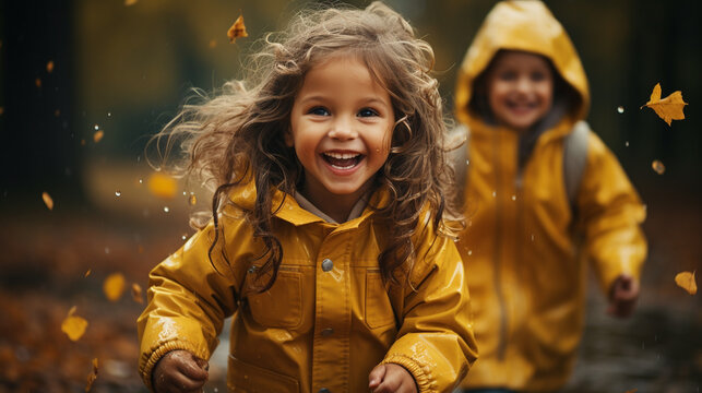 Happy smiling children in yellow raincoat.