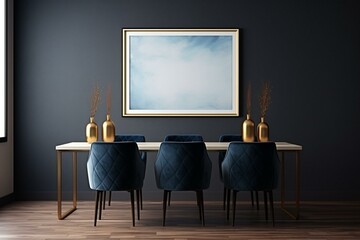 Mock up of a horizontal picture frame in a modern dining room with dark blue chairs, marble and gold table, wooden floor, and gray wall. Generative AI