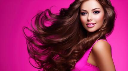 Naklejka premium Beautiful happy young woman with bright pink lips in sunglasses against pink background