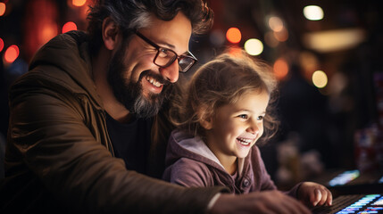 Man and young girl are sitting together at computer.