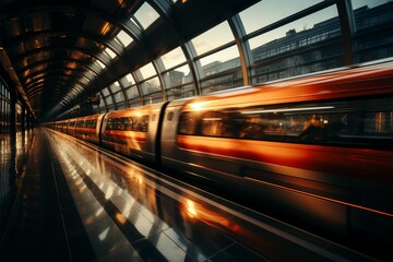 Fototapeta na wymiar Transient rush Motion blur frames high speed trains passage through bustling station Generative AI