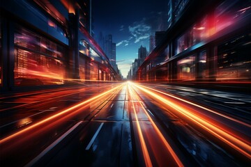 Fototapeta na wymiar Urban motion spectacle Long exposure unveils abstract speed light trails within cityscape Generative AI