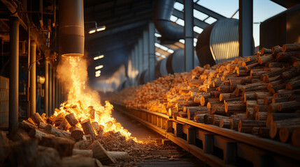 Production of biocombustible biomass wood pellet at the plant.