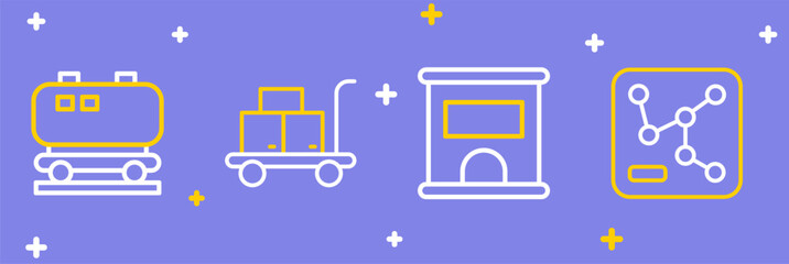 Set line Railway map, Ticket office to buy tickets, Trolley suitcase and Oil railway cistern icon. Vector