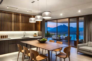 modern dining room with kitchen