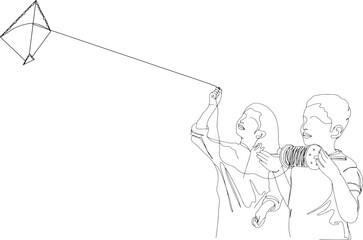 Kids Flying Kite Continuous Line Art, Little Boy and Girl Flying Kite, Single Line Drawing of Children Flying Kites, Children with Kites Single Line Graphic