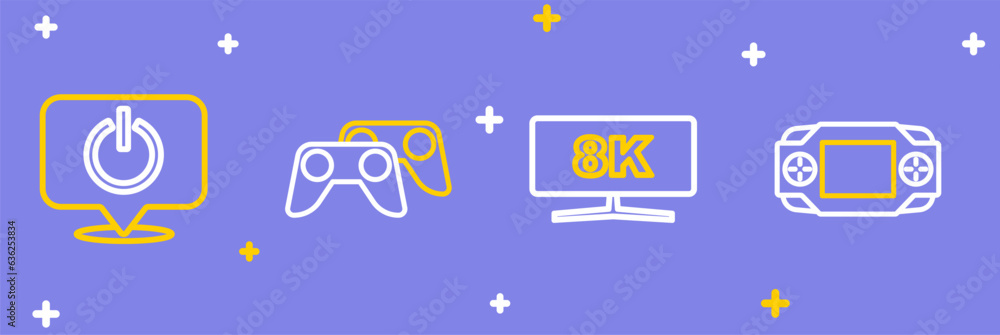 Poster set line portable video game console, computer monitor, game controller joystick and power button ic