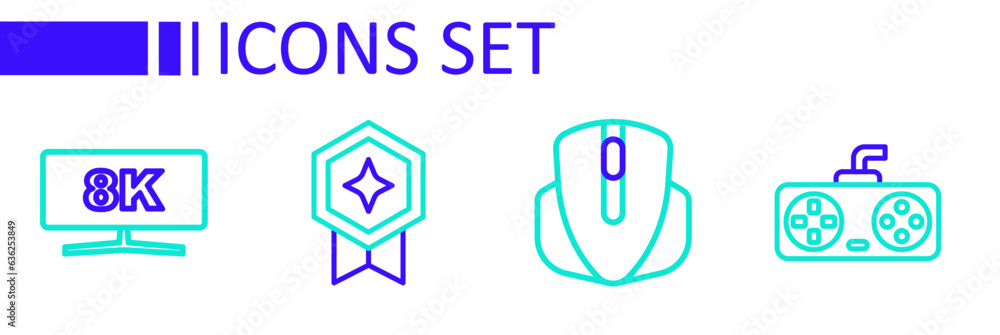 Poster set line game controller or joystick, computer mouse, rating with medal and monitor icon. vector
