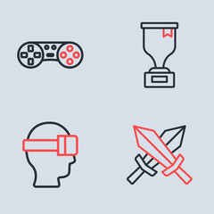 Set line Award cup, Virtual reality glasses, Sword for game and Game controller joystick icon. Vector