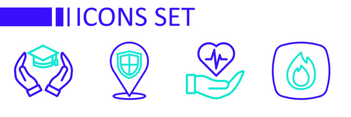 Set line Fire flame, Life insurance in hand, Location shield and Education grant icon. Vector