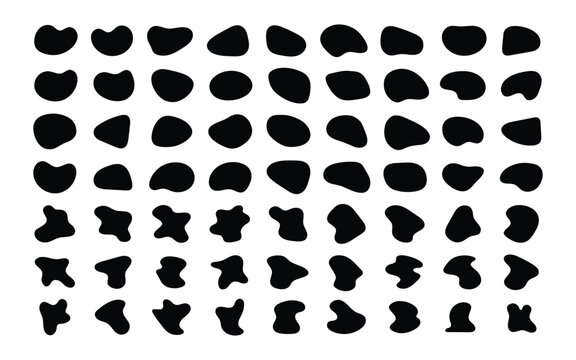Random blob shapes. Organic blobs set. Rounded abstract organic shape collection. Random shapes of cube, pebble, inkblot, amoeba, drops and stone silhouettes. Blotch texture vector set