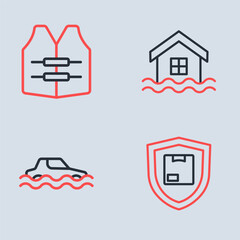 Set line House flood, Flood car, Delivery security with shield and Life jacket icon. Vector