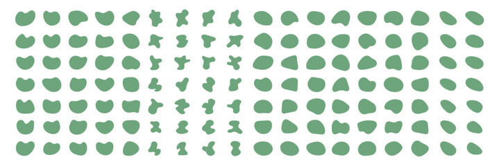 Abstract green irregular blot form. Random shapes of cube, pebble, inkblot, amoeba, drops and stone silhouettes. Blotch texture vector set