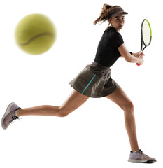Dynamic image young sportive girl, tennis player in motion hitting ball with racket isolated over...