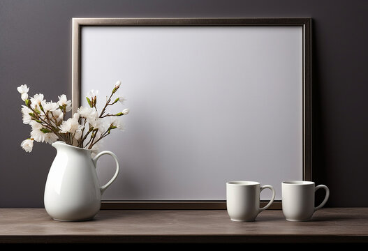 Black picture frame mockup with white cotton flowers in vase on wooden table and black wall. 3d rendering. Blackboard mockup with vase and vase on wooden shelf