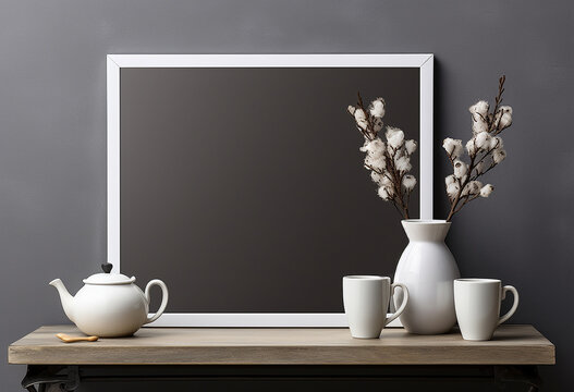 Black picture frame mockup with white cotton flowers in vase on wooden table and black wall. 3d rendering. Blackboard mockup with vase and vase on wooden shelf