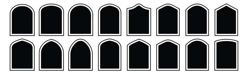 Mosque Islamic frames. Islamic door and window silhouette Arabic arch design. Ramadan frame shape. Collection of patterns in oriental style. Arch windows and doors in traditional vector silhouettes - obrazy, fototapety, plakaty