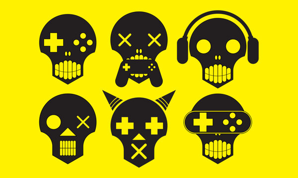 vector graphic of six black skulls in game style. can be used for logos or games