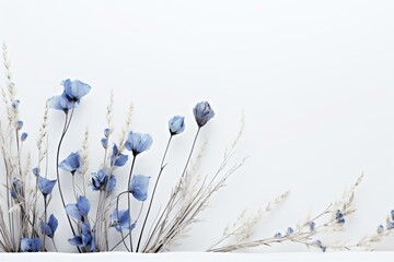 Dried blue wildflowers on a white background. Delicate, serene, minimalist arrangement. Generative AI - obrazy, fototapety, plakaty