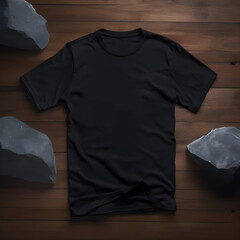 Sleek Black T-Shirt Mockup on Wooden Background Flanked by Textured Rocks
