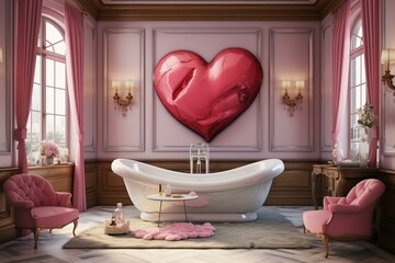 A bathroom with a large pink bathtub and heart artwork on the wall. Generative AI