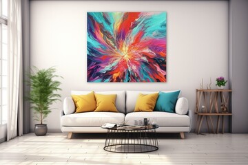 vibrant burst of colors on a blank canvas in a room filled with natural light. Generative AI