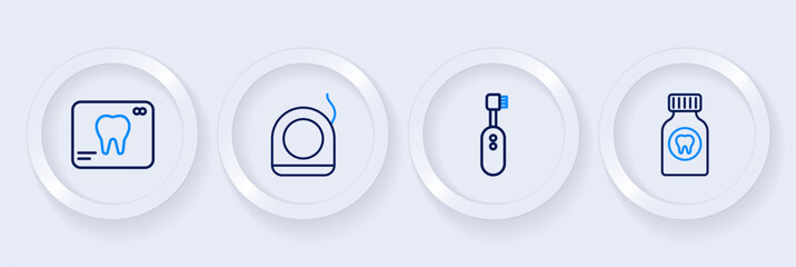 Set line Toothache painkiller tablet, Electric toothbrush, Dental floss and X-ray of icon. Vector