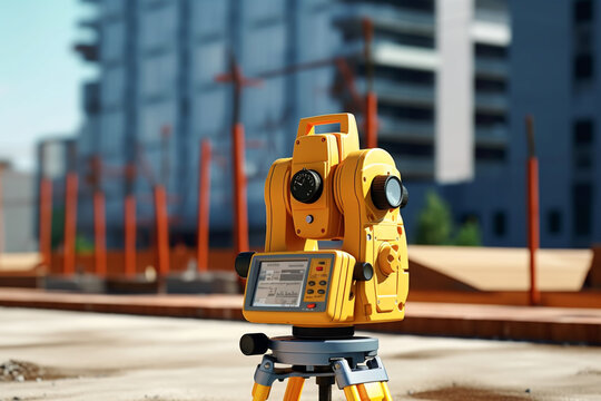 Measuring distances, angles and heights with a theodolite. Geodetic equipment - total station at a construction site. Generative AI
