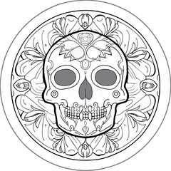 sugar skull design for a round beer coaster, vector illustration line art